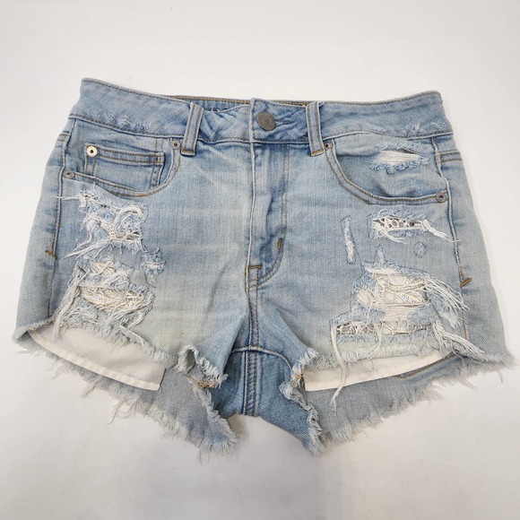 American Eagle Womens Hi Rise Shortie Jean Shorts Size 6 Distressed Lace Stretch - Picture 1 of 5